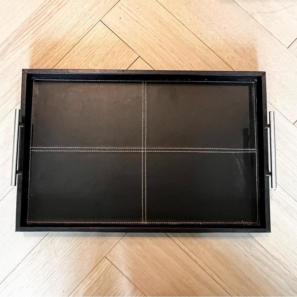 FAUX BLACK LEATHER RECTANGULAR SERVING TRAY WITH BRUSHED SILVER HANDLES